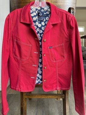 Rare Premium Faconnable Red Cotton Chore Jacket with Daisy Lining Sz S Runs Big
